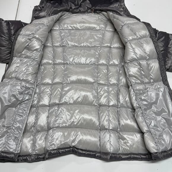 Calvin Klein Puffer Jacket Womens XL Gray Packable Premium Down Hooded Full Zip - Picture 10 of 13